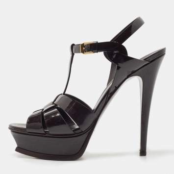 Pre Owned Saint Laurent Burgundy Patent Leather Tribute Platform Ankle Strap Sandals Size 39.5