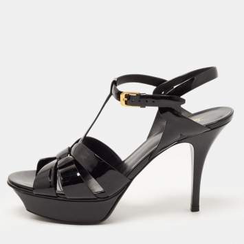 مملوكة مسبقًا Saint Laurent Black Patent Leather Tribute Platform Ankle Strap Sandals Size 39.5