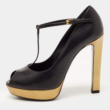 Pre Owned Saint Laurent Black Leather Peep Toe Platform T-strap Pumps Size 37.5