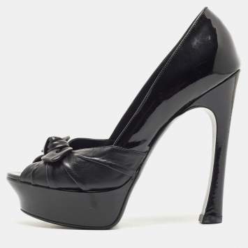 Pre Owned Saint Laurent Black Patent and Leather Palais Bow Pumps Size 37.5