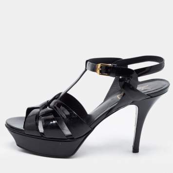 Pre Owned Saint Laurent Paris Black Patent Leather Tribute Platform Ankle Strap Sandals Size 38