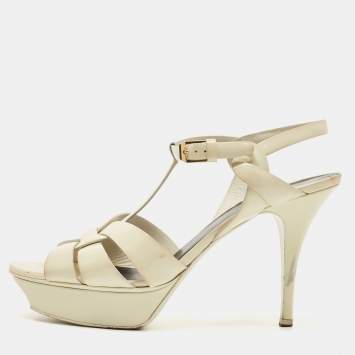Pre Owned Saint Laurent Off White Patent Leather Tribute Sandals Size 41