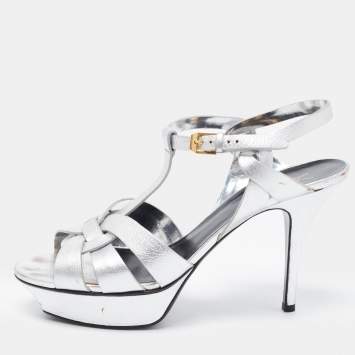 Pre Owned Saint Laurent Silver Leather Tribute Platform Ankle Strap Sandals Size 40