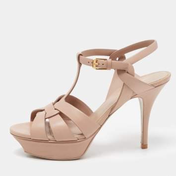 Pre Owned Saint Laurent Beige Leather Tribute Ankle Strap Sandals Size 38