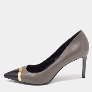 Pre Owned Saint Laurent Grey/Black Leather Metal Pointed Toe Pumps Size 37.5