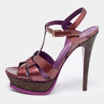 Pre Owned Saint Laurent Purple Patent Leather Tribute Sandals Size 38