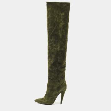 Pre Owned Saint Laurent Green Suede Over The Knees Boots Size 38.5