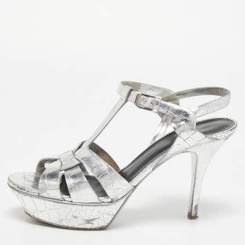Pre Owned Saint Laurent Silver Croc Embossed Leather Tribute Sandals Size 38