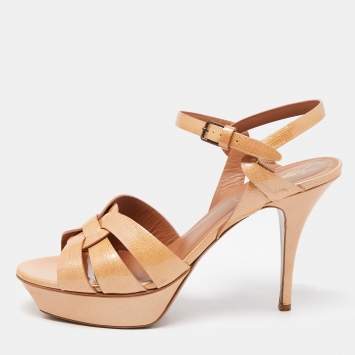 Pre Owned Saint Laurent Beige Patent Leather Tribute Ankle Strap Sandals Size 41
