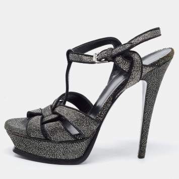 Pre Owned Saint Laurent Two Tone Glitter Suede Tribute Sandals Size 39