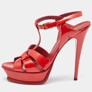 Pre Owned Saint Laurent Red Patent Leather Tribute Ankle Strap Sandals Size 41