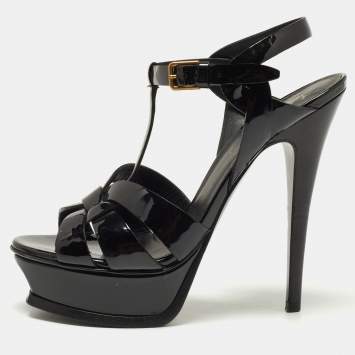 Pre Owned Saint Laurent Black Patent Leather Tribute Ankle Strap Sandals Size 36