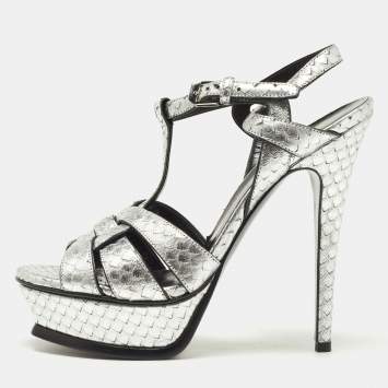 Pre Owned Saint Laurent Silver Snakeskin Embossed Leather Tribute Ankle Strap Sandals Size 37