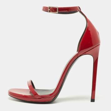Pre Owned Saint Laurent Red Patent Leather Jane Ankle Strap Sandals Size 37.5