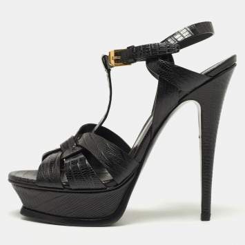 Pre Owned Saint Laurent Black Lizard Embossed Leather Tribute Platform Sandals Size 38