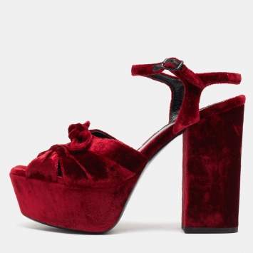 Pre Owned Saint Laurent Red Velvet Candy Bow Sandals Size 36.5