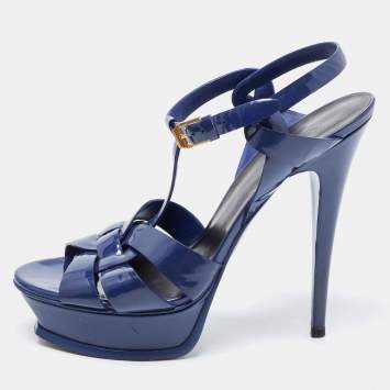 Pre Owned Saint Laurent Blue Patent Leather Tribute Platform Sandals  Size 39