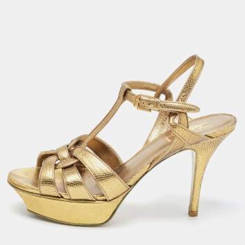 Pre Owned Saint Laurent Metallic Gold Lizard Embossed Leather Tribute Sandals Size 37.5