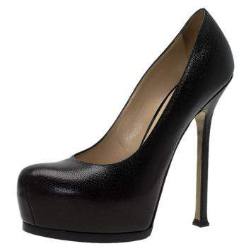 Pre Owned Saint Laurent Paris Black Textured Leather Tribtoo Pumps Size 38.5