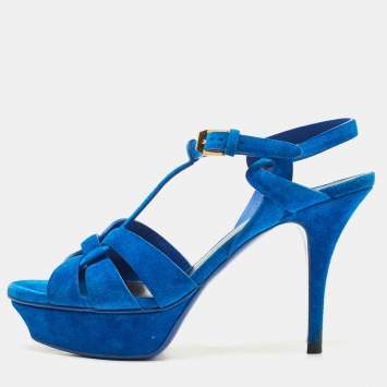 Pre Owned Saint Laurent Blue Suede Tribute Ankle Strap Sandals Size 37