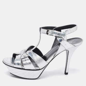 Pre Owned Saint Laurent Silver Lizard Embossed Leather Tribute Sandals Size 35.5