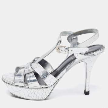 Pre Owned Saint Laurent Silver Croc Embossed Leather Tribute Sandals Size 36