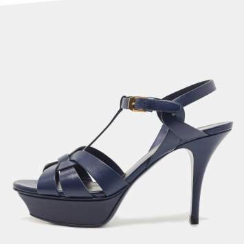 Pre Owned Saint Laurent Navy Blue Leather Tribute Sandals Size 37.5