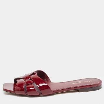 Pre Owned Saint Laurent Burgundy Patent Leather Tribute Flat Slides Size 37.5