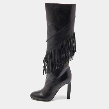 Pre Owned Saint Laurent Black Leather Fringe Grace Knee Length Boots Size 38.5
