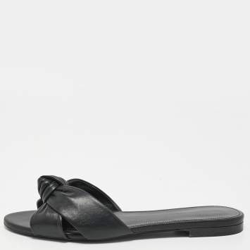 مملوكة مسبقًا Saint Laurent Black Leather Bianca Knotted Flat Slides Size 38.5