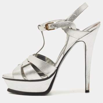 Pre Owned Saint Laurent Silver Leather Tribute Sandals Size 41