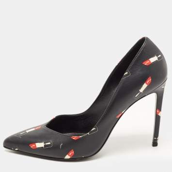 Pre Owned Saint Laurent Black Lipstick Print Leather Pointed Toe Pumps Size 37.5