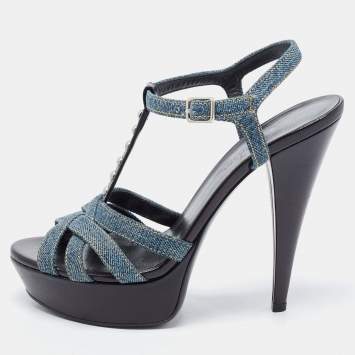 Pre Owned Saint Laurent Blue/Black Denim and Studded Leather Platform Ankle Strap Sandals Size 38
