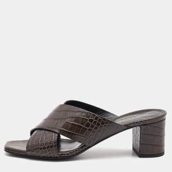 Pre Owned Saint Laurent Dark Brown Croc Embossed Crisscross Loulou Mules Size 38