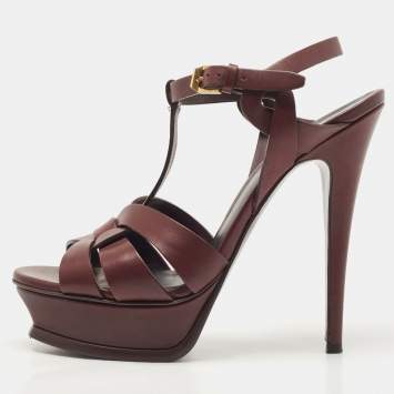 Pre Owned Saint Laurent Burgundy Leather Tribute Sandals Size 38