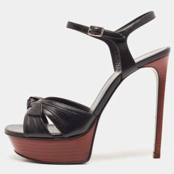 Pre Owned Saint Laurent Paris Black Leather Bow Platform Ankle Strap Sandals Size 37.5