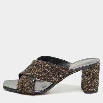 Pre Owned Saint Laurent Paris Black Gold/Black Glitters Loulou Criss Cross Block Heel Slide Sandals Size 40