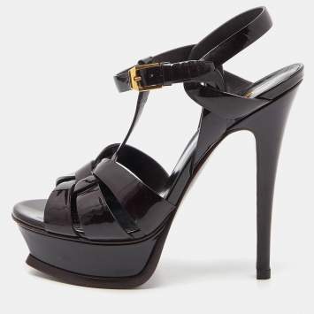 Pre Owned Saint Laurent Burgundy Patent Leather Tribute Sandals Size 35.5