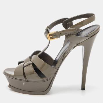 Pre Owned Saint Laurent Grey Patent Leather Tribute Sandals Size 39