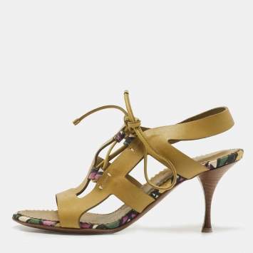 Pre Owned Saint Laurent Green Leather Strappy Sandals Size 35.5