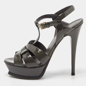 Pre Owned Saint Laurent Grey Patent Leather Tribute Ankle Strap Sandals Size 37