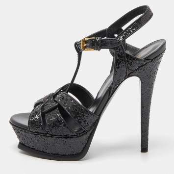 Pre Owned Saint Laurent Black Coarse Glitter Tribute Sandals Size 36