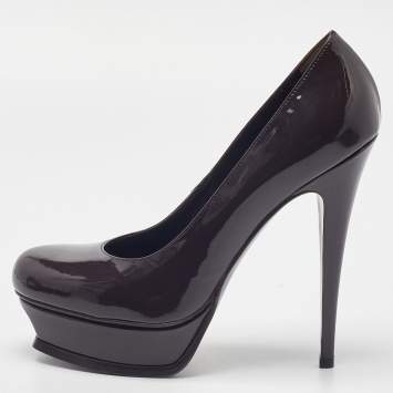 Pre Owned Saint Laurent Dark Brown Patent Leather Platform Pumps Size 39.5