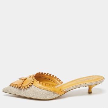 Pre Owned Saint Laurent Grey/Brown Canvas and Leather Mules Size 36.5  