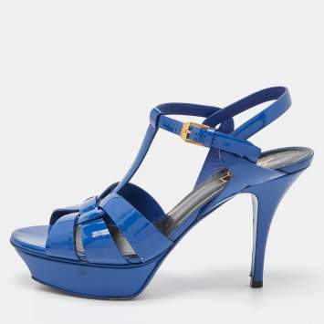 Pre Owned Saint Laurent Blue Patent Leather Tribute Platform Sandals Size 39