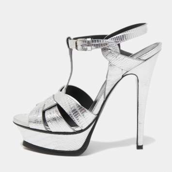 Pre Owned Saint Laurent Silver Lizard Embossed Leather Tribute Sandals Size 37