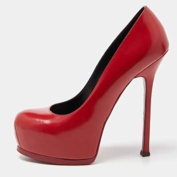 Pre Owned Saint Laurent Red Leather Tribtoo Platform Pumps Size 41