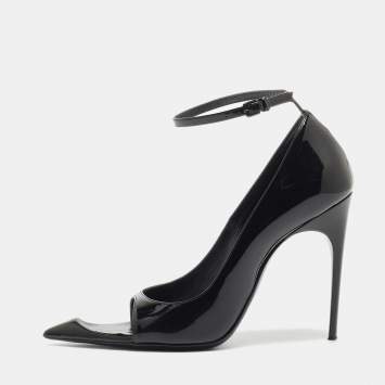 Pre Owned Saint Laurent Black Patent Leather Open Pointed Toe Ankle Strap Pumps Size 36