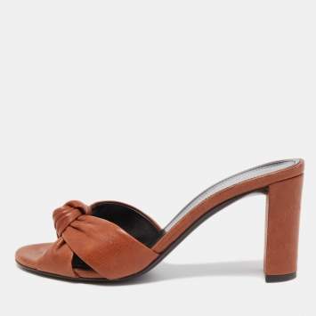 مملوكة مسبقًا Saint Laurent Brown Knotted Leather Bianca Slide Sandals Size 37