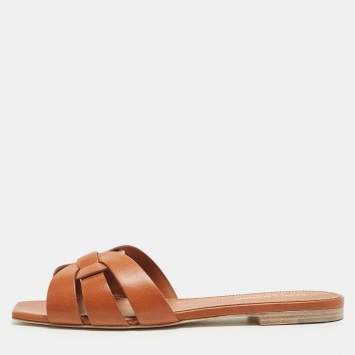 Pre Owned Saint Laurent Paris Brown Leather Tribute Flat Slides Size 38